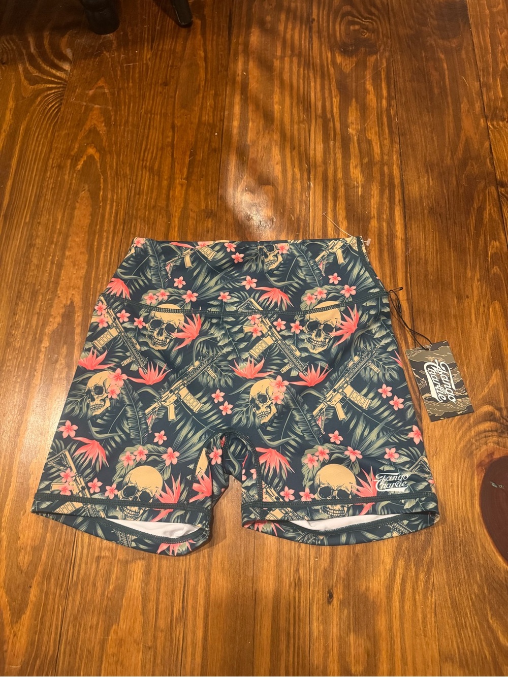 Women's Tango Charlie Floral Skull Bike Shorts - Navy with Pink Accents